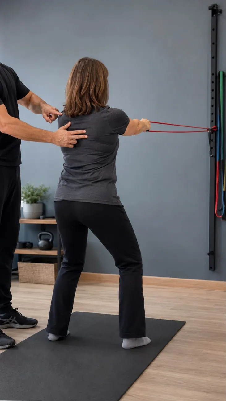 Training mit Widerstandsband im Home-Gym, der Trainer korrigiert die Schulterhaltung