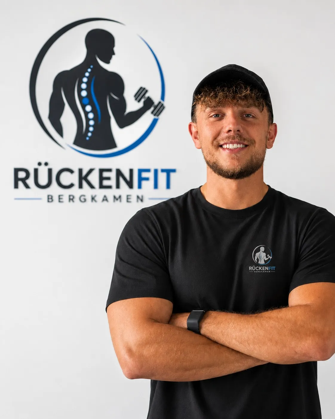 Lukas Langer vor der Logo-Wand von Rückenfit Bergkamen